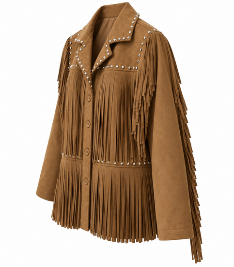 Camel suède jas met franjes en studs
