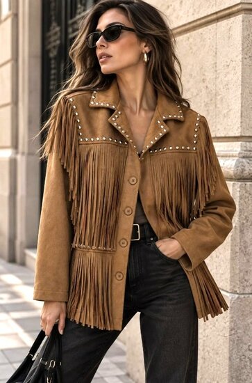 Camel suède jas met franjes en studs