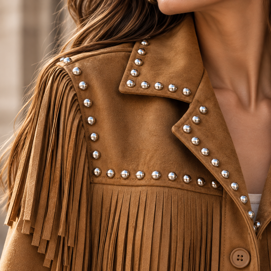 Camel suède jas met franjes en studs