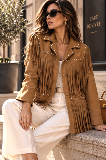 Camel suède jas met franjes en studs