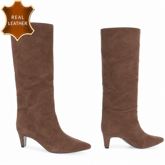 Kaki leren hoge laarzen met elegante hak-Dafina