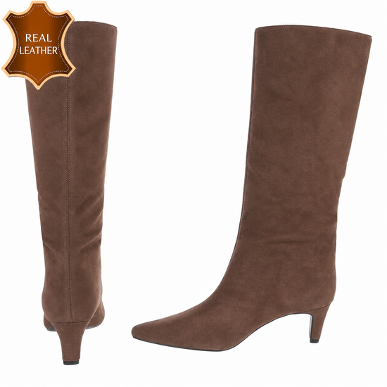 Kaki leren hoge laarzen met elegante hak-Dafina