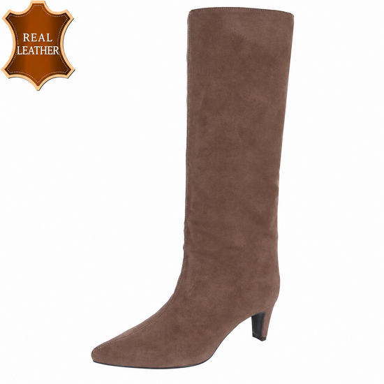 Kaki leren hoge laarzen met elegante hak-Dafina