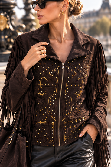 Luxe bruine suède jas met franjes en studs