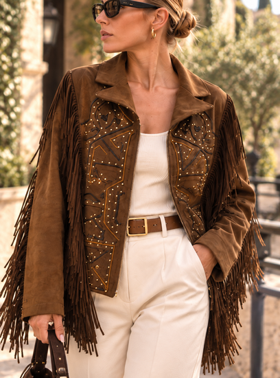 Luxe camel suède jas met franjes en studs