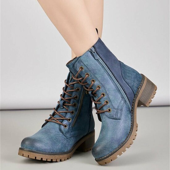 Blauwe veterboots met rits en profielzool-Yentl