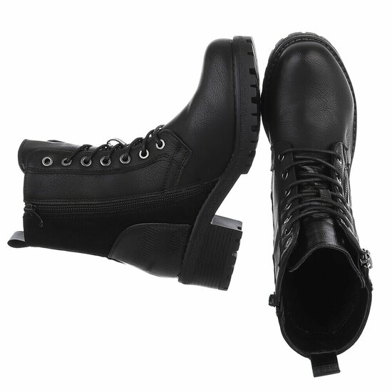 Zwarte veterboots met rits en profielzool-Yentl