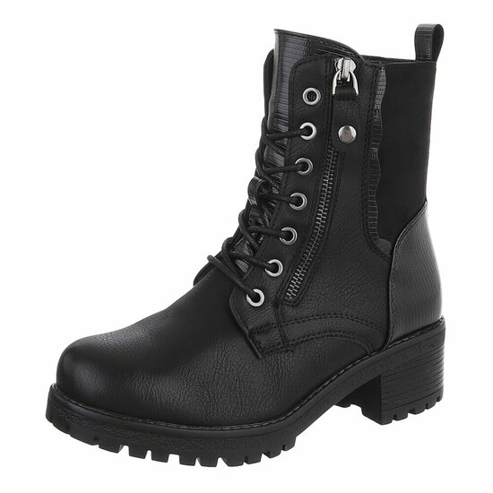 Zwarte veterboots met rits en profielzool-Yentl