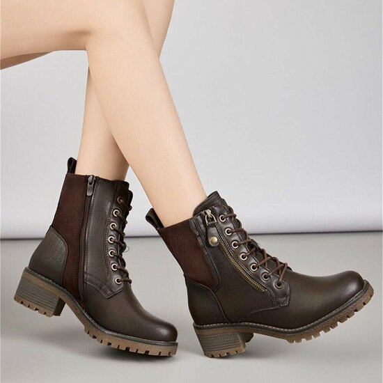 Bruine veterboots met rits en profielzool-Yentl