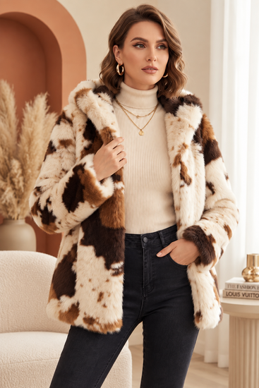 Bruine en crème faux fur jas met capuchon