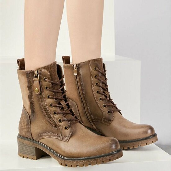 Kaki veterboots met rits en profielzool-Yentl