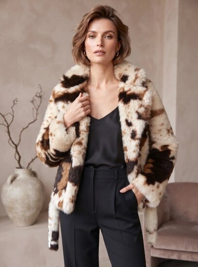 Bruine en crème faux fur jas met riem