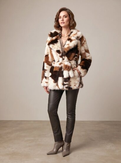 Bruine en crème faux fur jas met riem