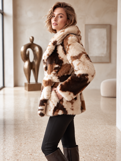 Bruine en crème faux fur jas met riem