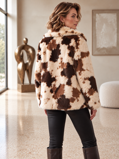 Bruine en crème faux fur jas met riem