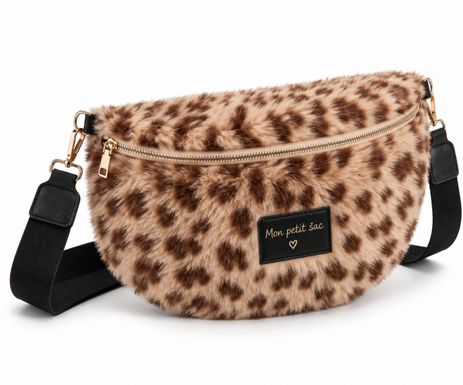 Beige faux fur schoudertas met luipaardprint