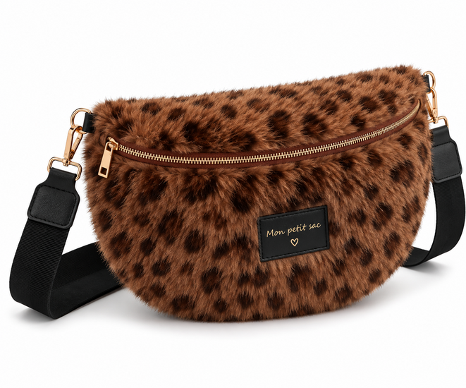 Bruine faux fur schoudertas met luipaardprint