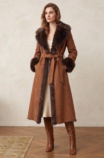 Camel lange suède jas met bruine faux fur kraag