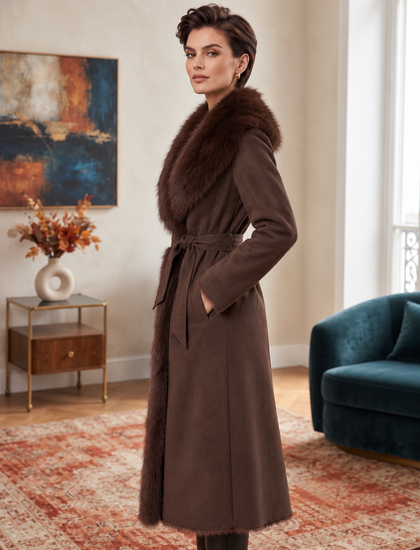 Bruine lange suède jas met bruine faux fur kraag