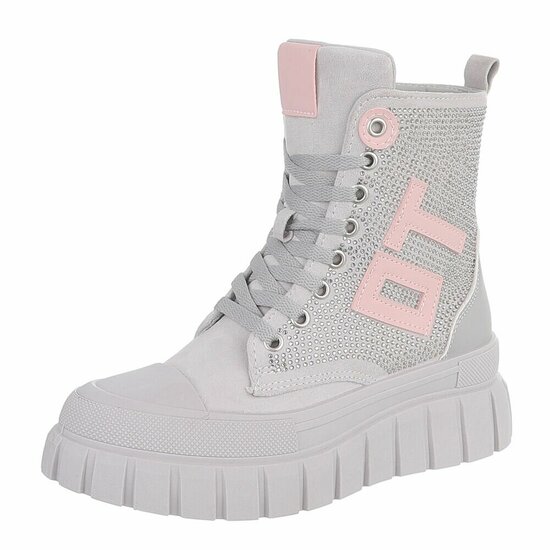 Grijze chunky veterboots met strassdetails-Irena   TEMPORARY SOLD OUT