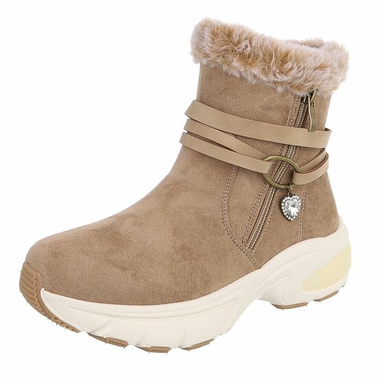 Kaki winter boots met taupe faux fur en hartdetail