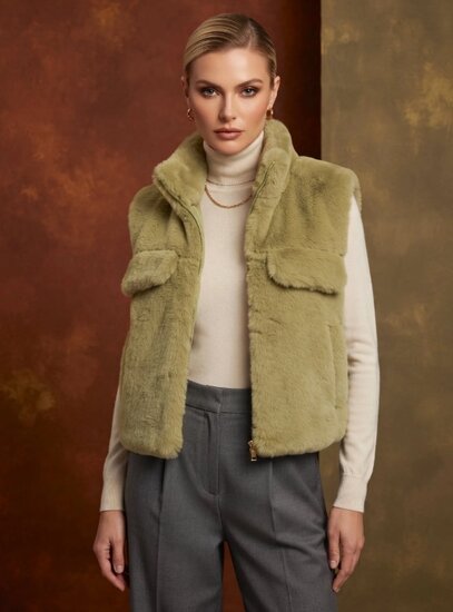 Olijf groene bodywarmer in teddy fleece