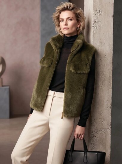 Kaki groene bodywarmer in teddy fleece