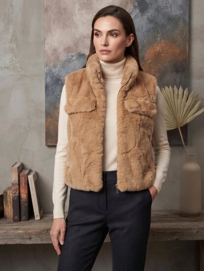 Camel bodywarmer in teddy fleece