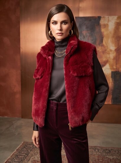 Donkerrode bodywarmer in teddy fleece 
