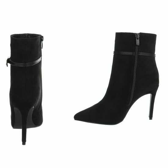 Zwarte suede enkellaarsjes met elegante hak en riempje-Agnieska