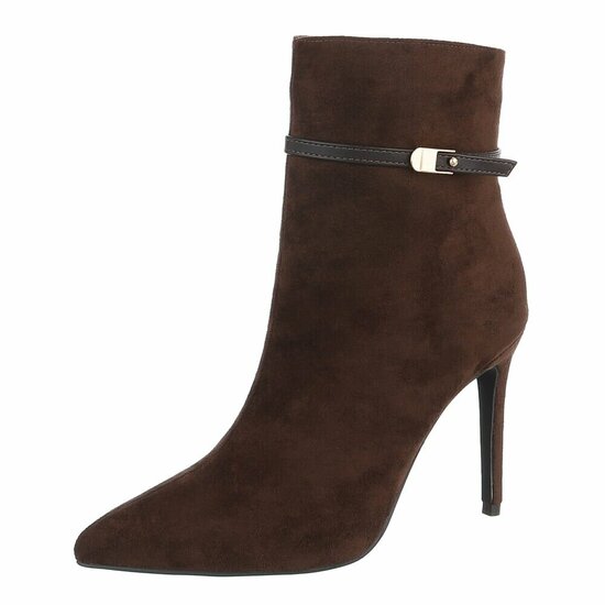 Bruine suede enkellaarsjes met elegante hak en riempje-Agnieska