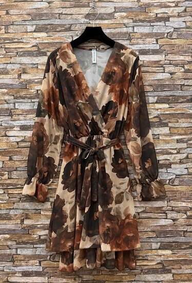 Bruin-beige bloemenjurk met wikkelmodel en ruches – Made in Italy