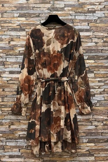 Bruin-beige bloemenjurk met wikkelmodel en ruches – Made in Italy