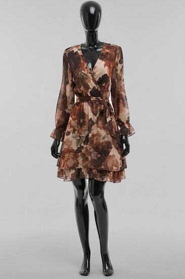 Bruin-beige bloemenjurk met wikkelmodel en ruches – Made in Italy