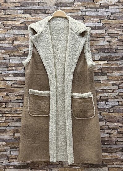 Luxe kaki midi bodywarmer met teddy afwerking