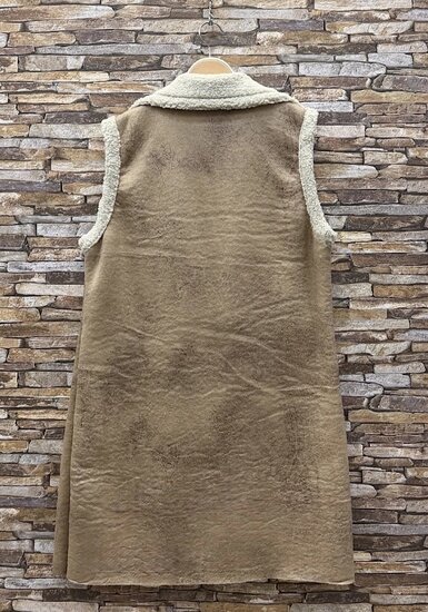 Luxe kaki midi bodywarmer met teddy afwerking