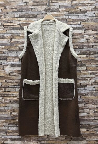 Luxe bruine midi bodywarmer met teddy afwerking