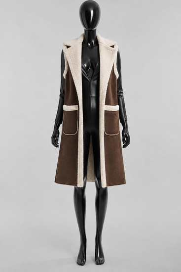 Luxe bruine midi bodywarmer met teddy afwerking