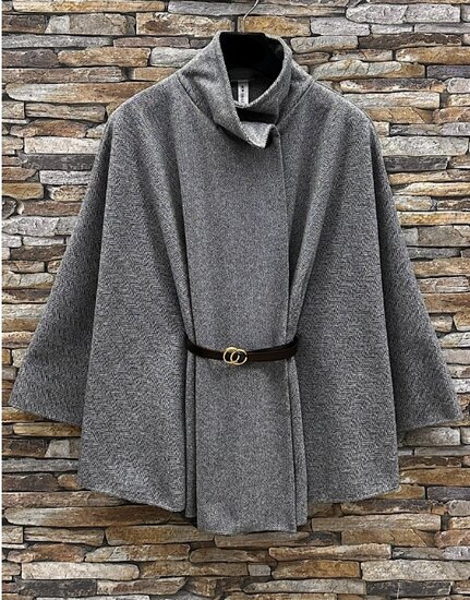 Grijze cape jas met elegante ceintuur