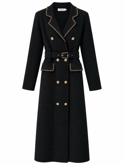 Elegante zwarte jurk met gouden details en ceintuur