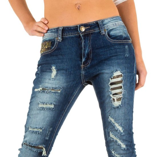 Destroyed jeans ripped.