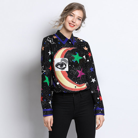 Flashy blouse met print van maan en sterren.