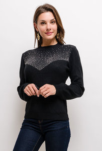 Trendy zwarte trui met strass.One size