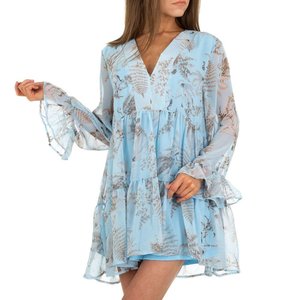 Korte blauwe chiffon jurk met print.