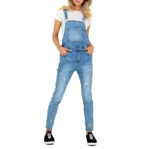 Trendy blue destroyed jeans salopet.