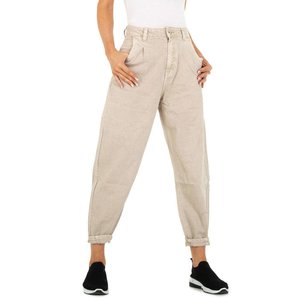 Trendy beige mom-fit jeans.