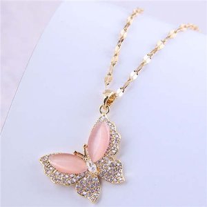 Collier or-rose inoxydable, motif papillon.