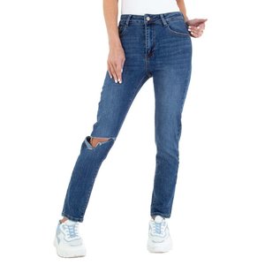 Donker blauwe jeans met destroyed look.