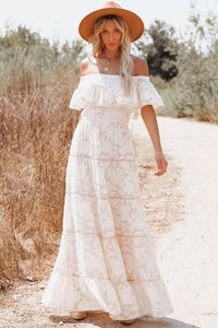 Witte shoulder off maxi jurk in kant
