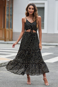 Zwarte lange boho cut out jurk met dots